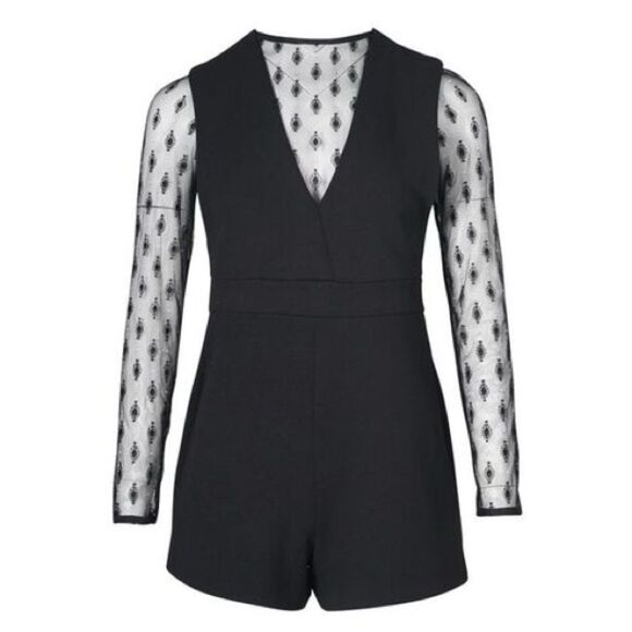 Maje Pants - Maje Black Istoria Lace Long Sleeve Romper Playsuit Size EU 34/ US 2